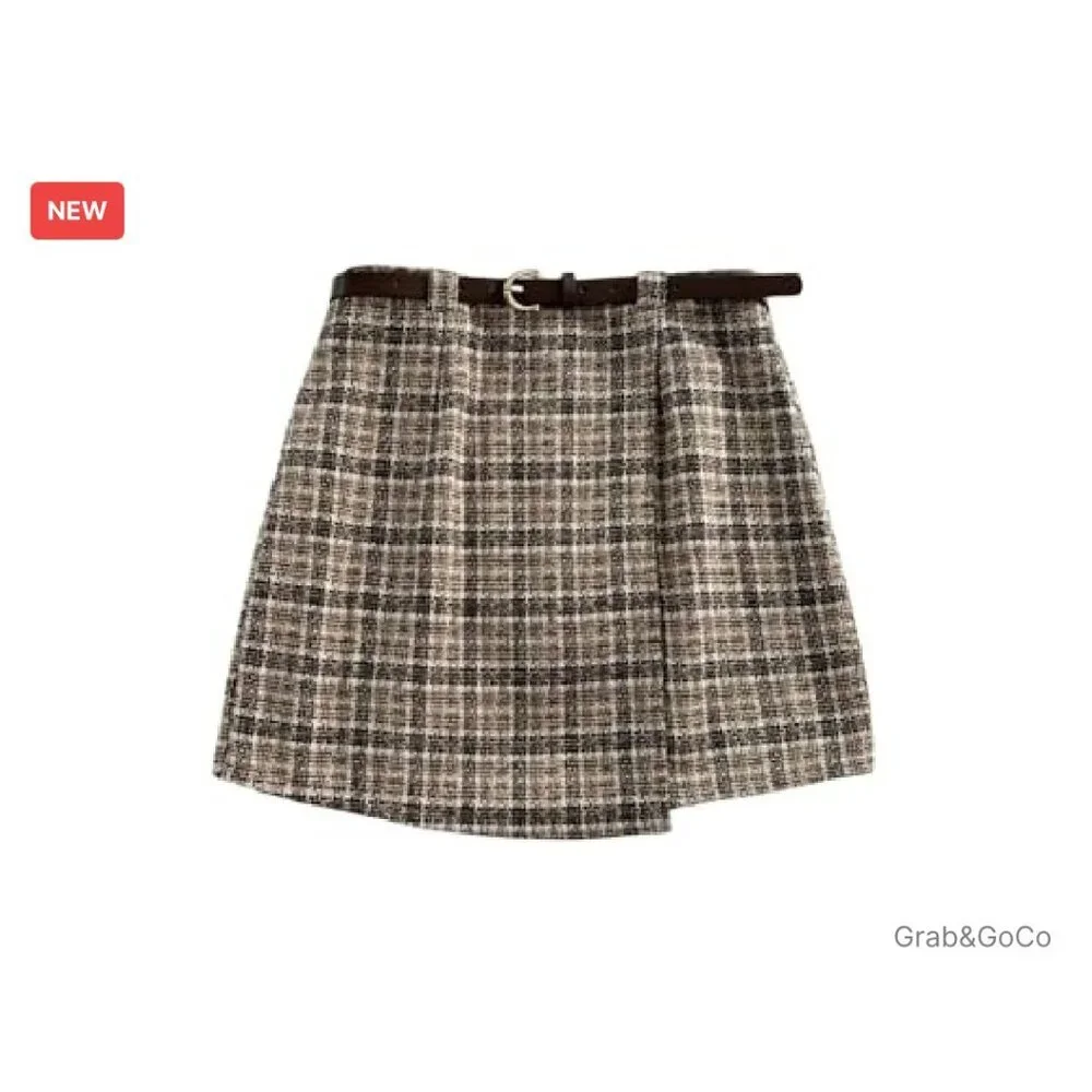 Vintage Gingham Plaid Wrap Skirt with Belt Y2K Retro Chic A-Line Style